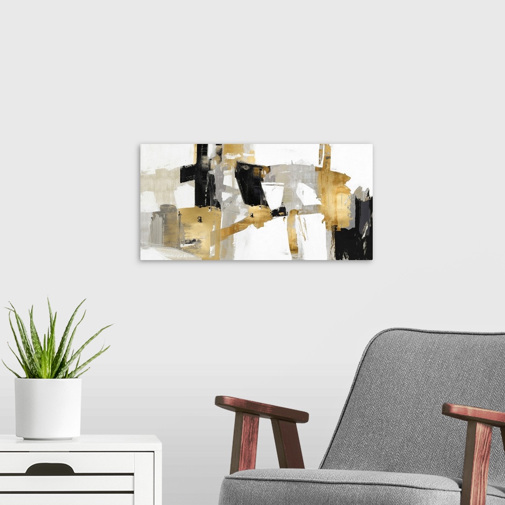 A modern room featuring Abstract Collage Black Gold IV