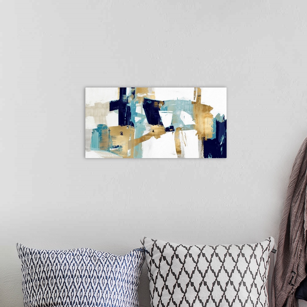 A bohemian room featuring Abstract Collage Blue Gold