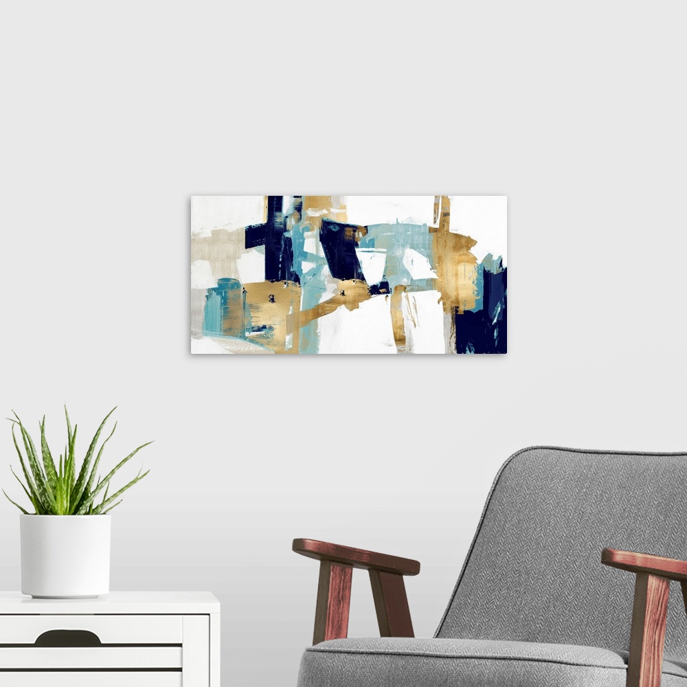 A modern room featuring Abstract Collage Blue Gold