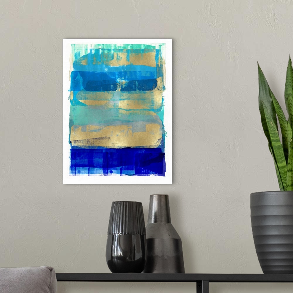 A modern room featuring Abstract Expressions Blues and Gold