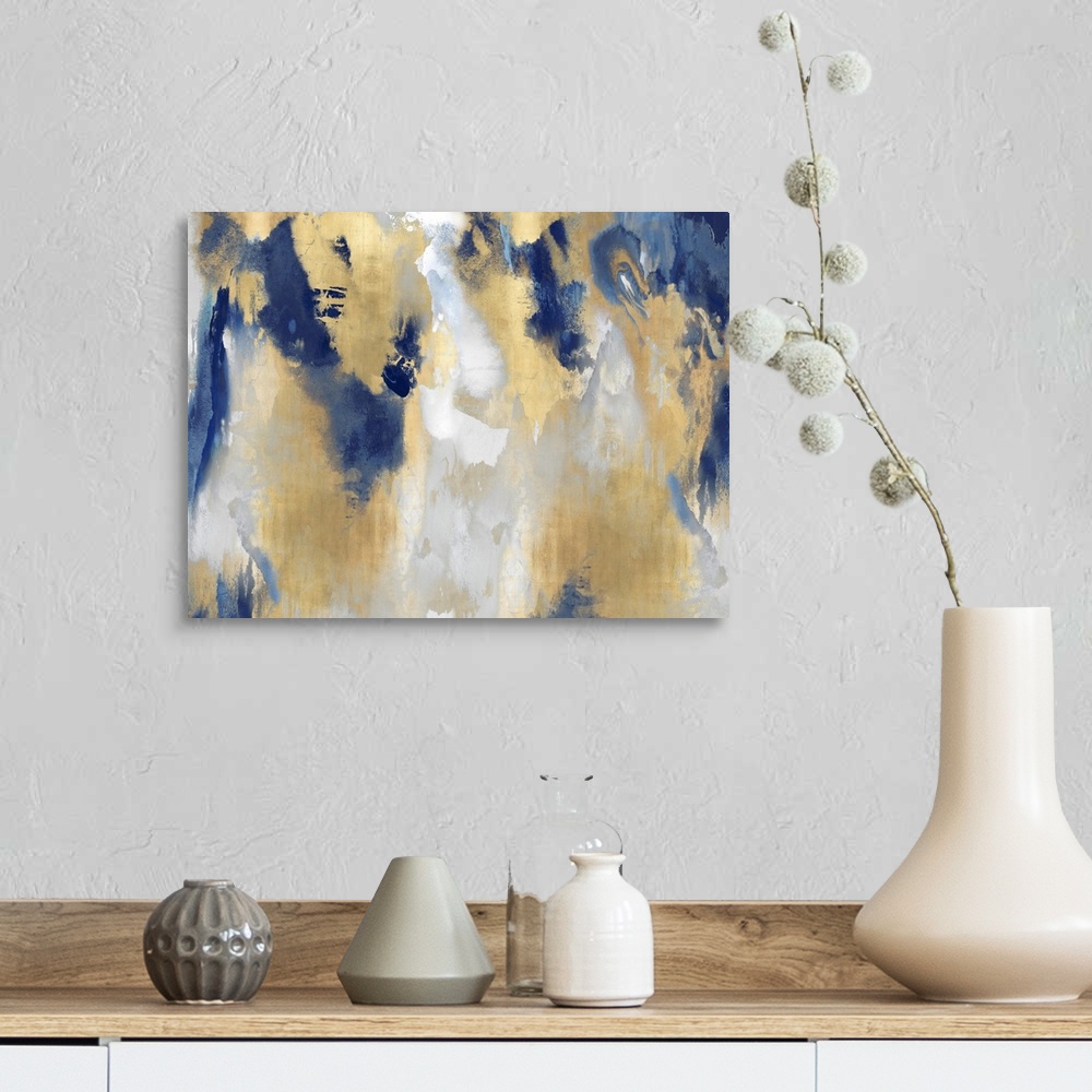 A farmhouse room featuring A large, horizontal abstract painting in shades of indigo and gold. This statement piece of art w...