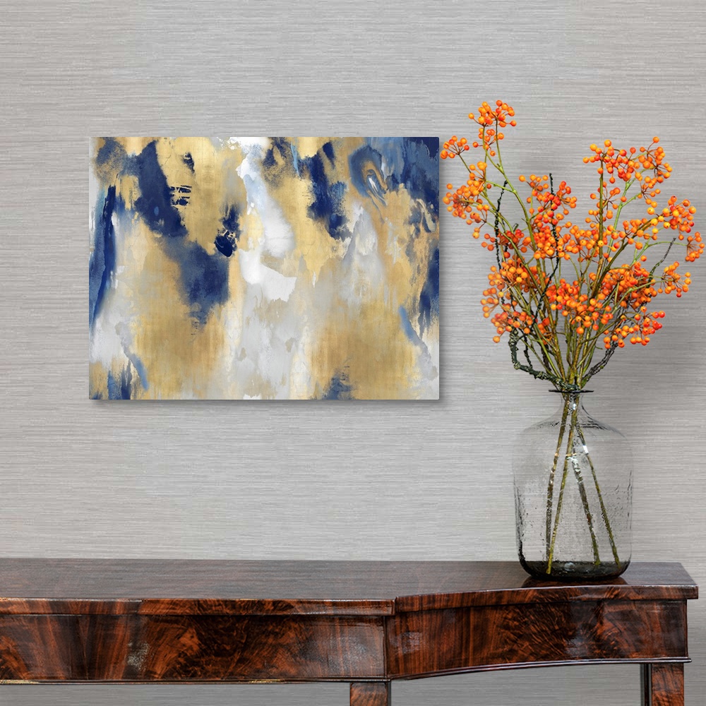 A traditional room featuring A large, horizontal abstract painting in shades of indigo and gold. This statement piece of art w...