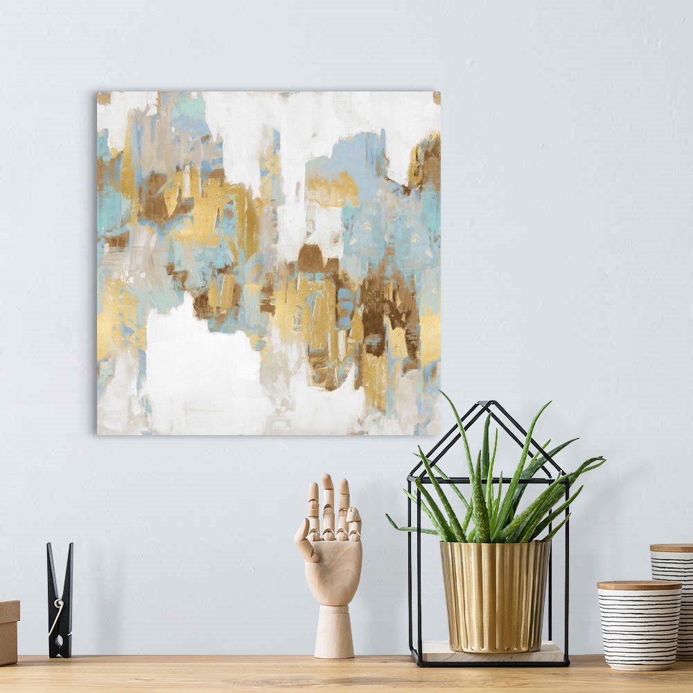 A bohemian room featuring Abstract Spots Blue Gold II