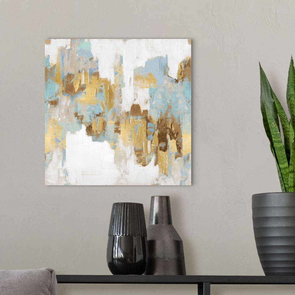 A modern room featuring Abstract Spots Blue Gold II