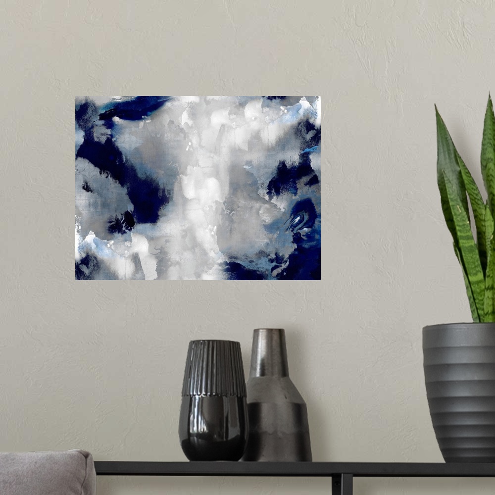 A modern room featuring A large, horizontal abstract painting in shades of indigo and white. This statement piece of art ...