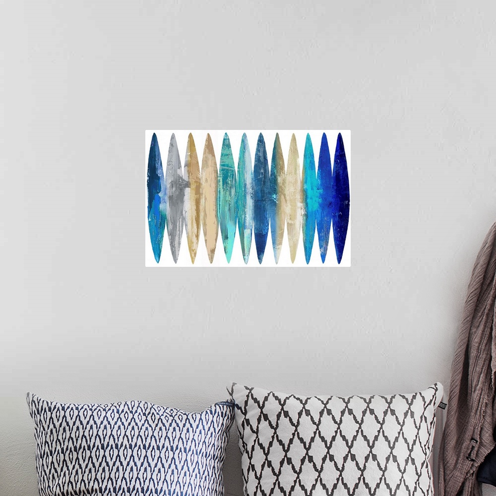 A bohemian room featuring Abstract Surfboards Blue Tan