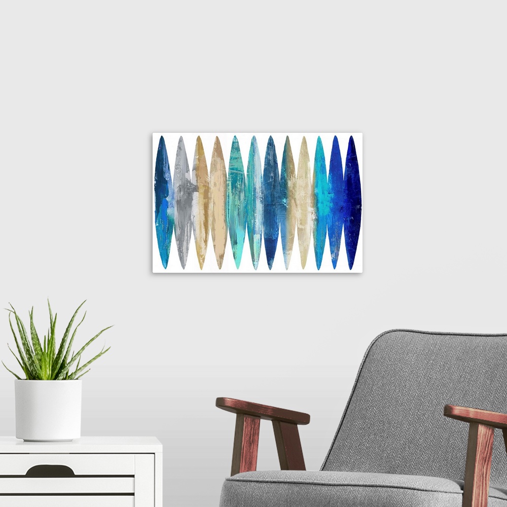 A modern room featuring Abstract Surfboards Blue Tan