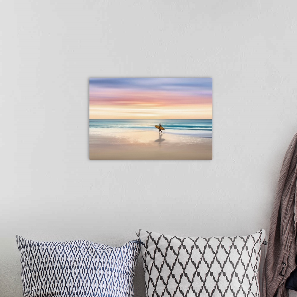 A bohemian room featuring A minimal contemporary painting of a person walking in the waters edge at sunrise, carrying a sur...