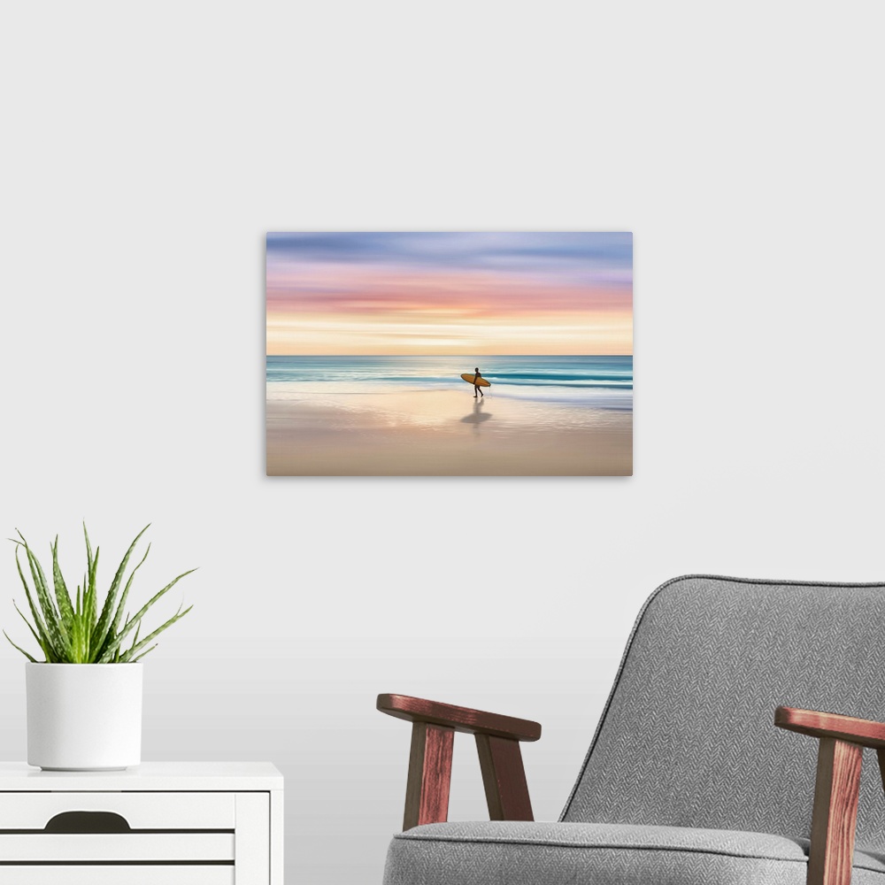 A modern room featuring A minimal contemporary painting of a person walking in the waters edge at sunrise, carrying a sur...