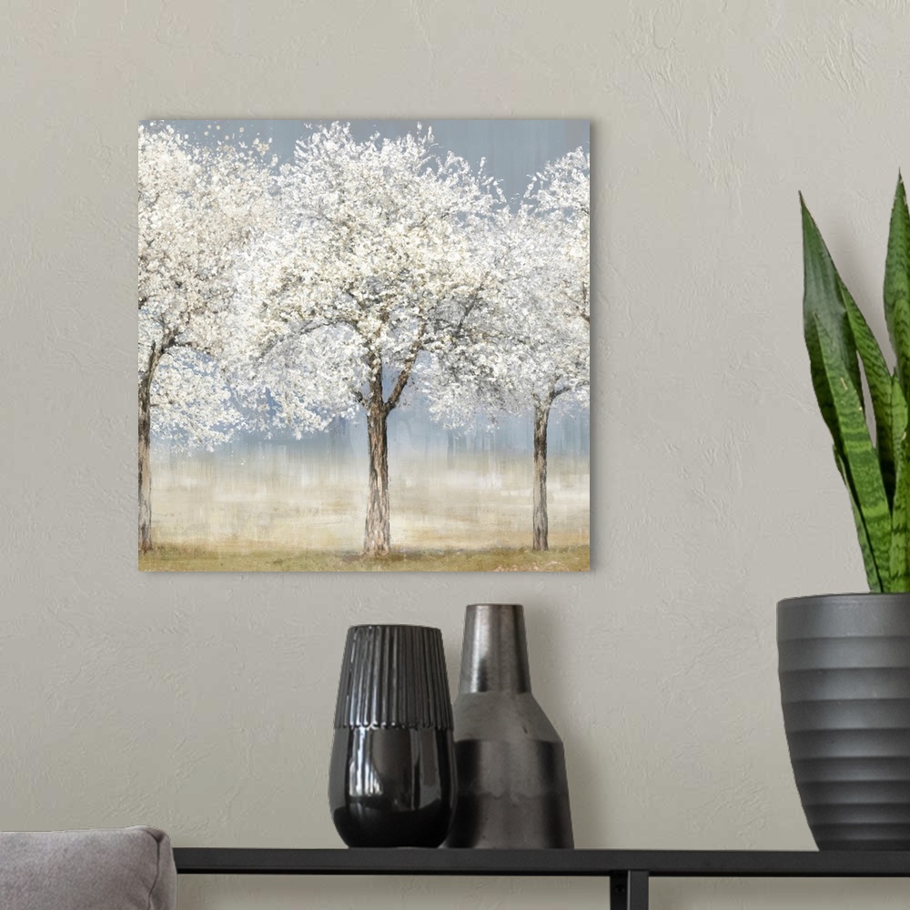 A modern room featuring A contemporary painting of a small stand of trees covered in white spring blossoms. The trees sta...