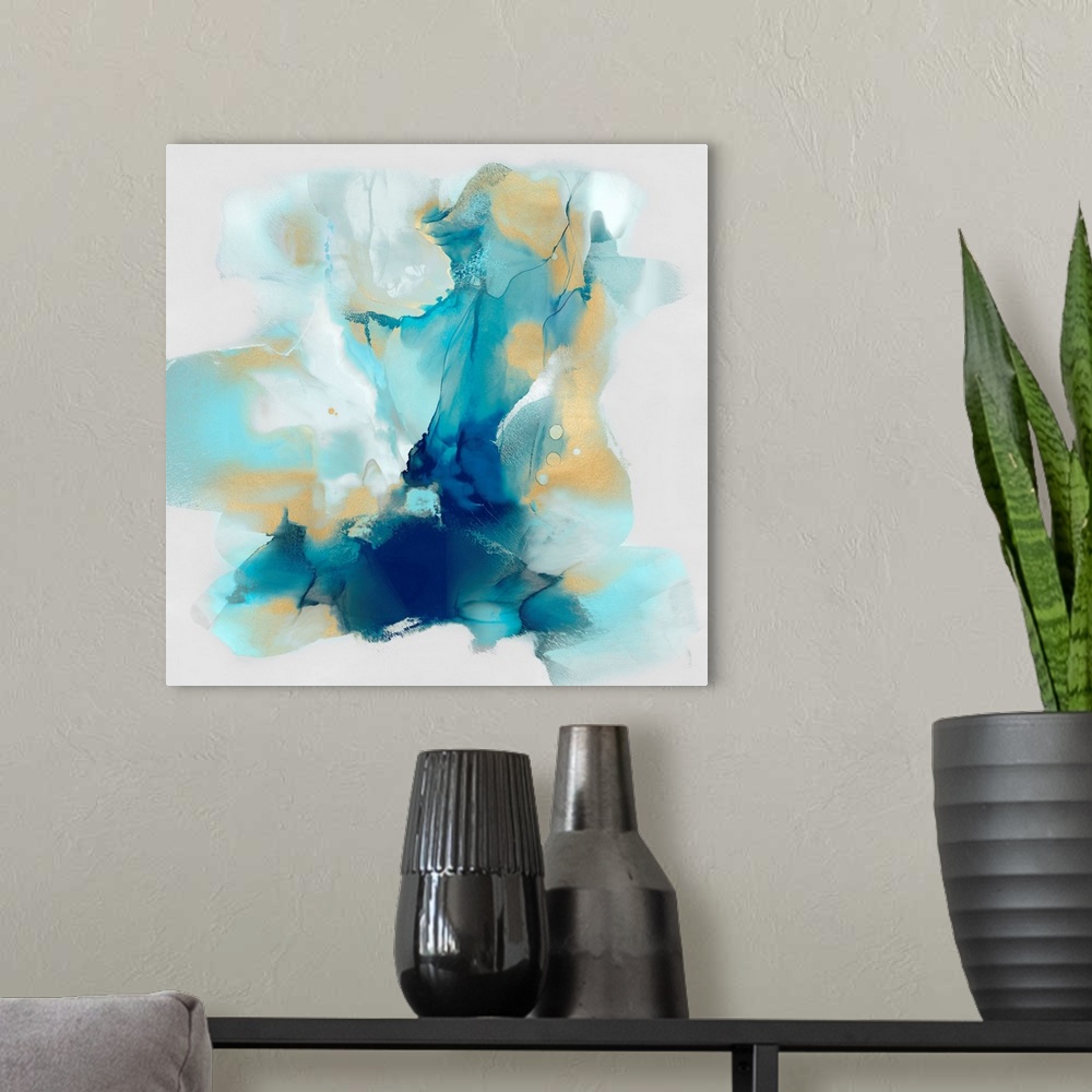 A modern room featuring Blues Aqua Gold Abstract