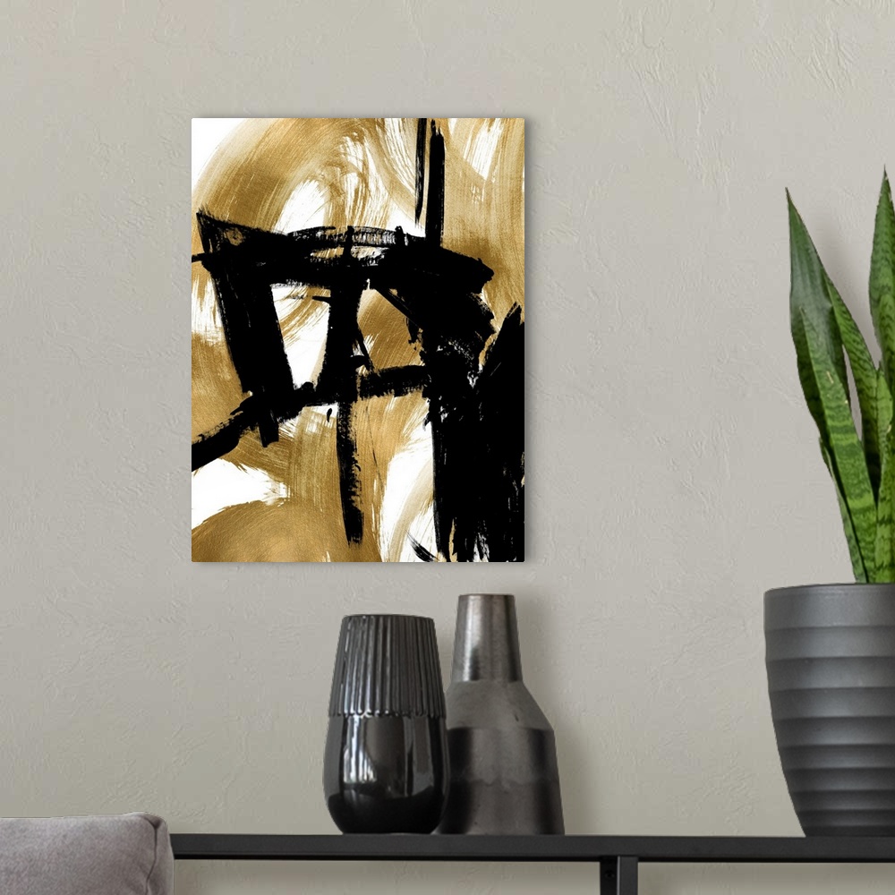 A modern room featuring Contemporary Abstract Black Gold I XB