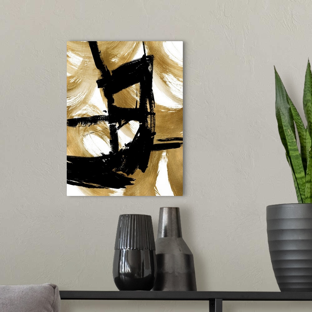 A modern room featuring Contemporay Abstract Black Gold II XB