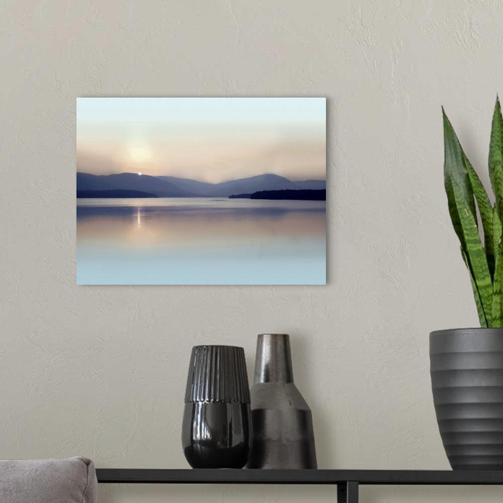 A modern room featuring Ashokan Reservoir, NY at sunset