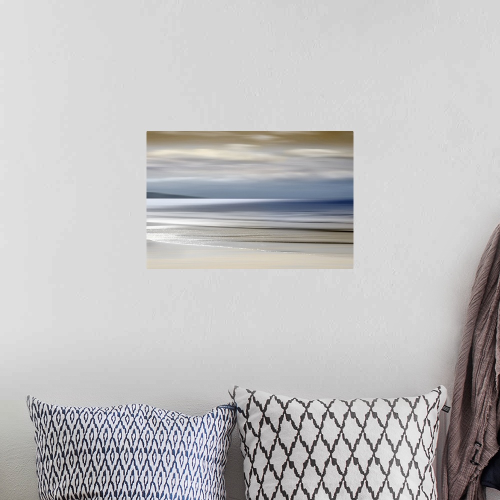 A bohemian room featuring Defocused sunset sky and ocean nature background with blurred panning motion.