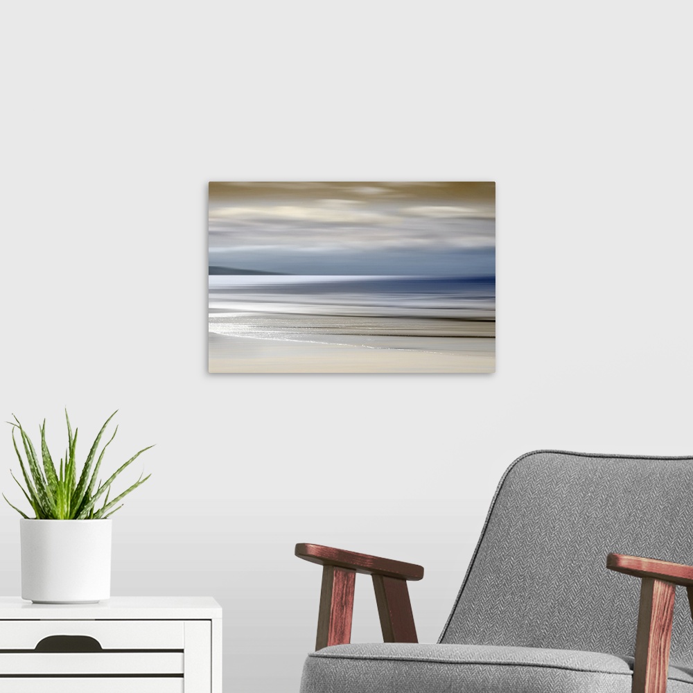 A modern room featuring Defocused sunset sky and ocean nature background with blurred panning motion.