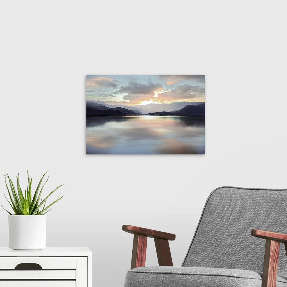 A modern room featuring Sunrise At Lake Pastels