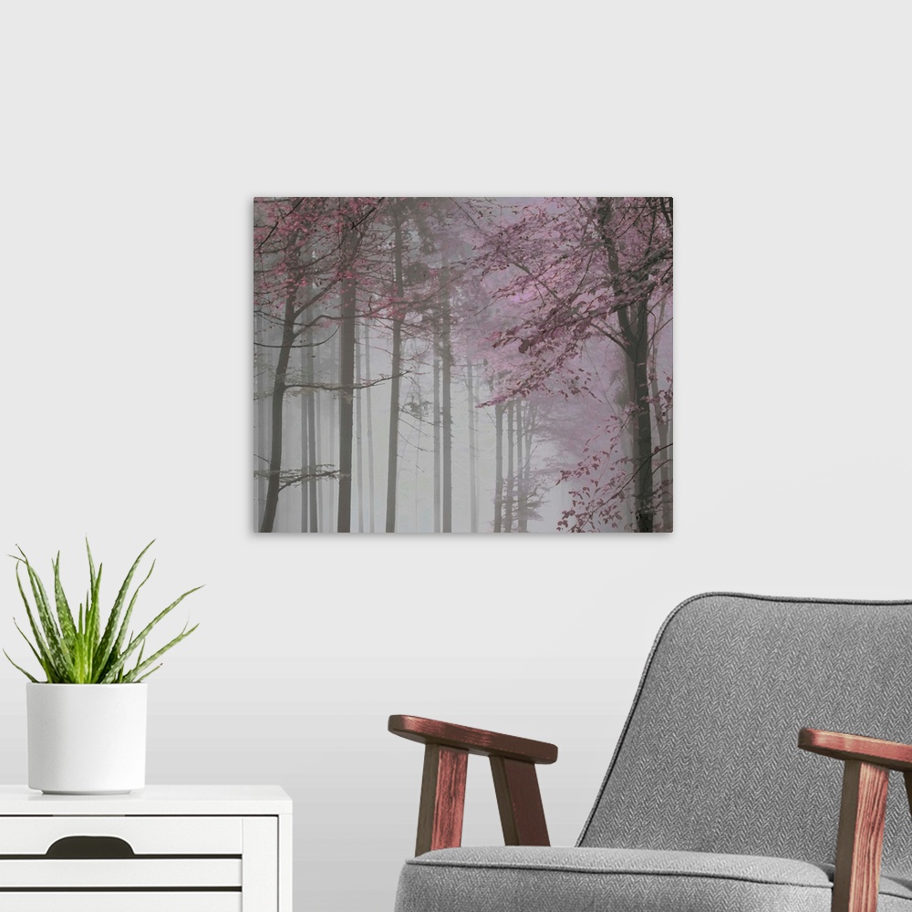 A modern room featuring Tree Path Pink Grey 2