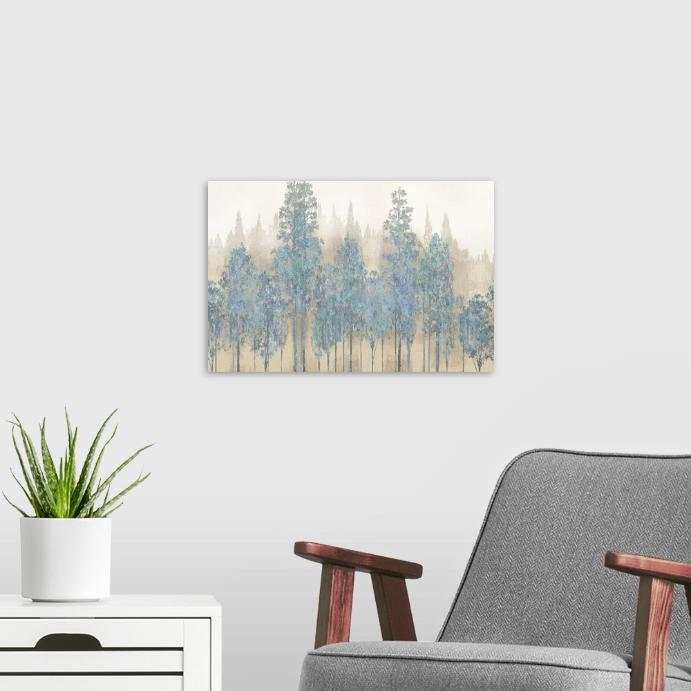 A modern room featuring Cryptomeria forest in the morning haze