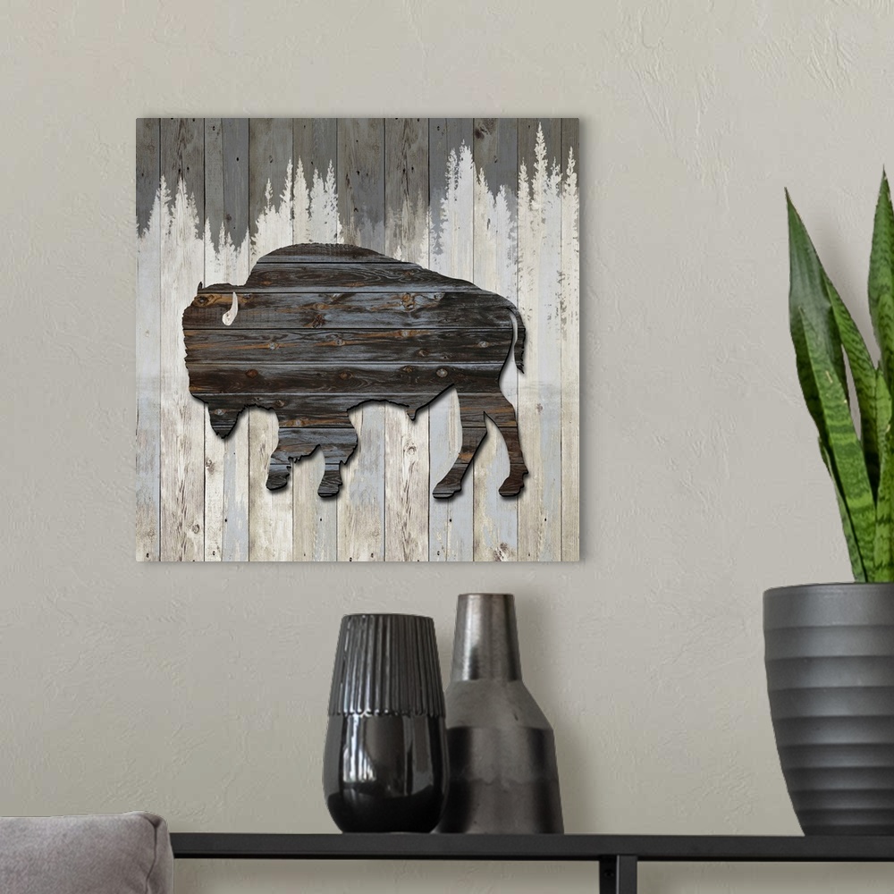 A modern room featuring Wood Bison