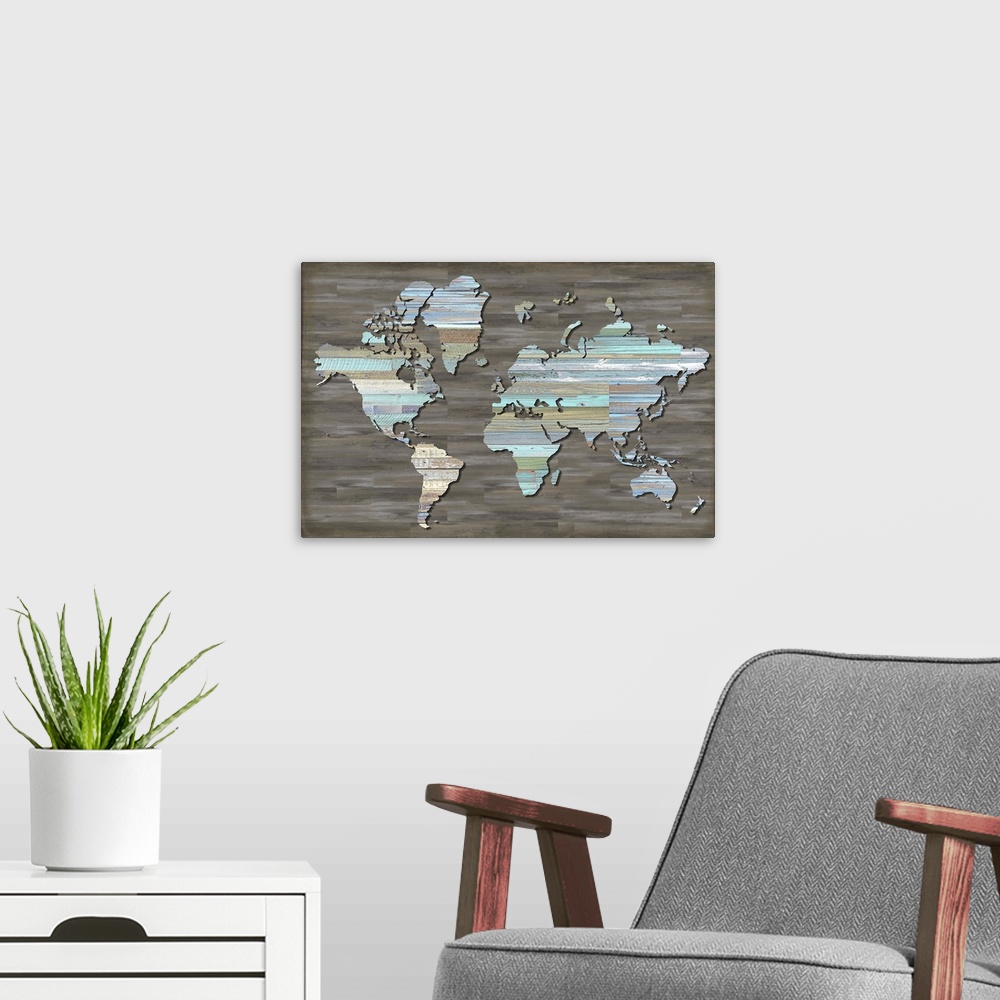 A modern room featuring World Map Dark Wood 2