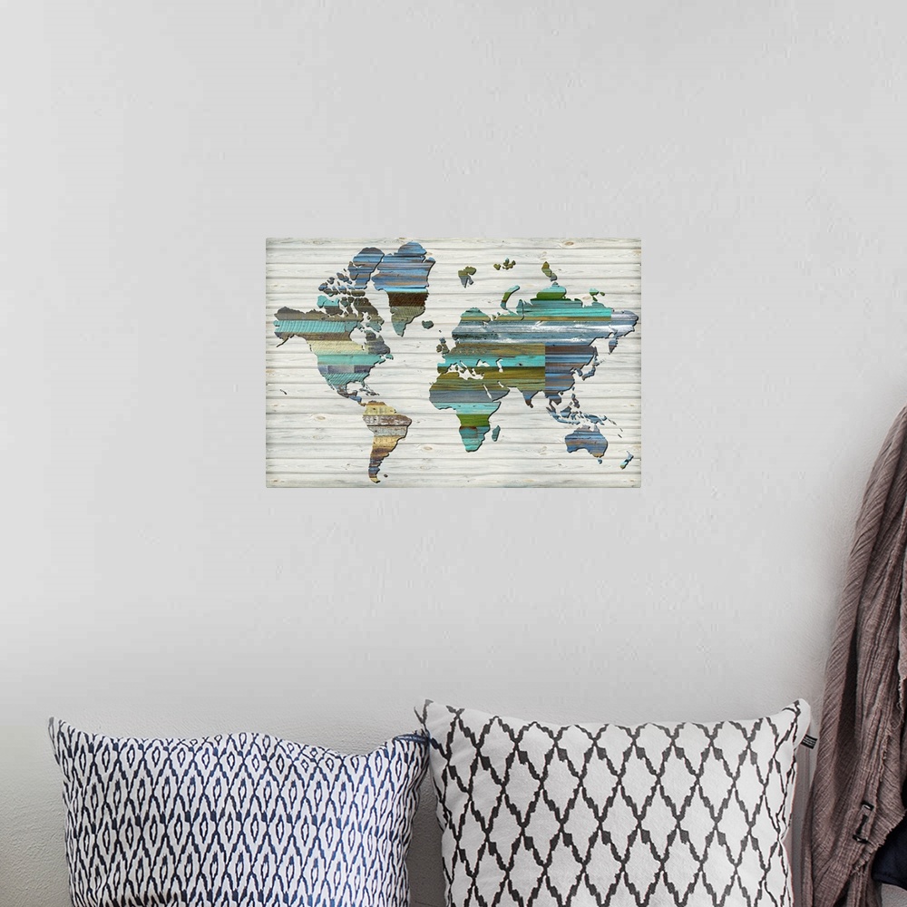 A bohemian room featuring World Map Wood Panels 2