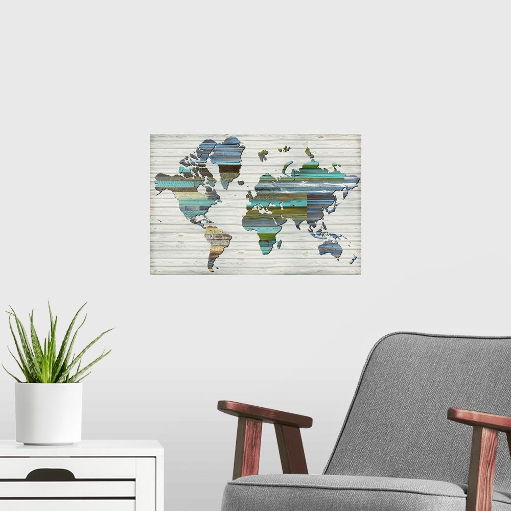 A modern room featuring World Map Wood Panels 2