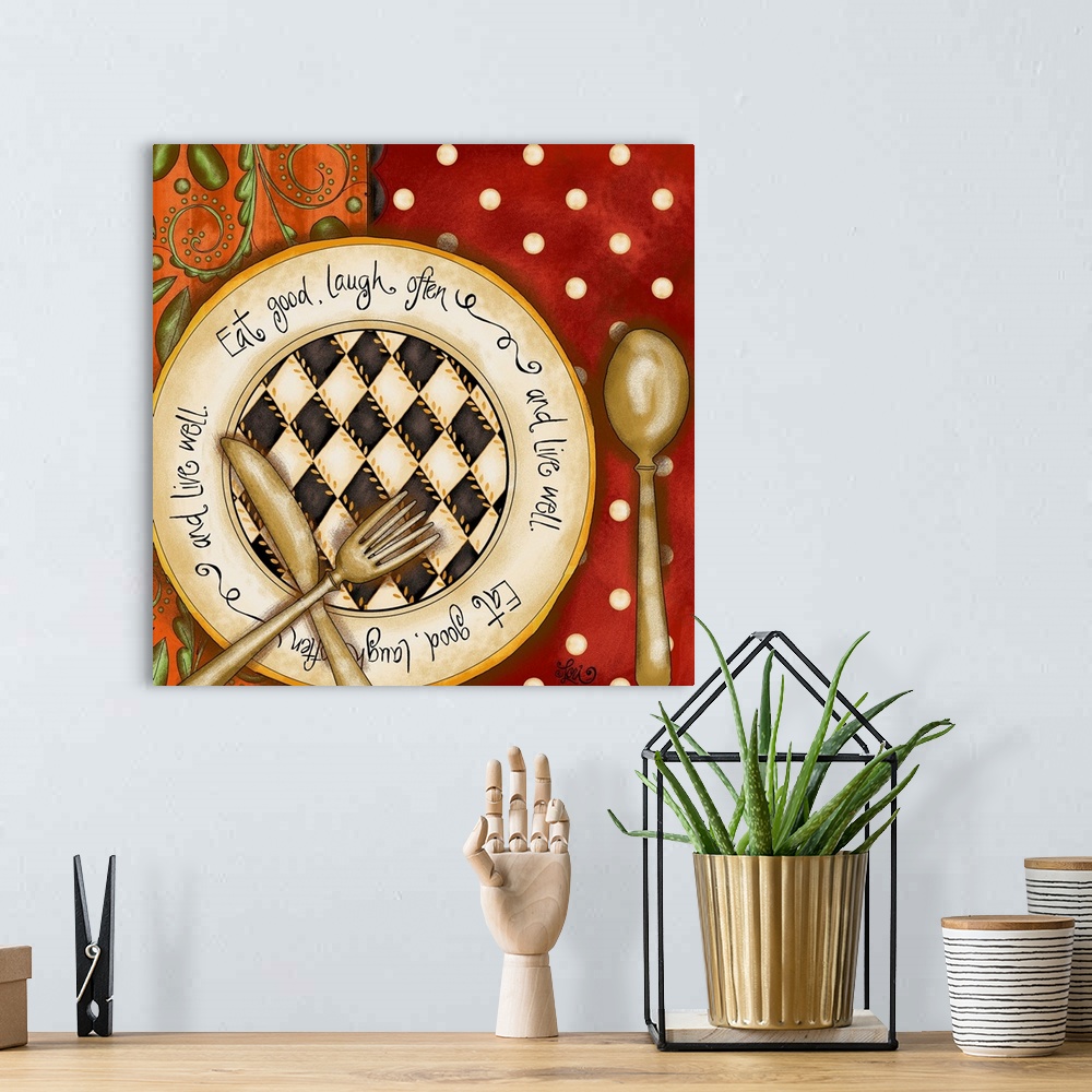 A bohemian room featuring Kitchen wall art drawing of a plate with silverware with an inspirational saying on the plate aga...