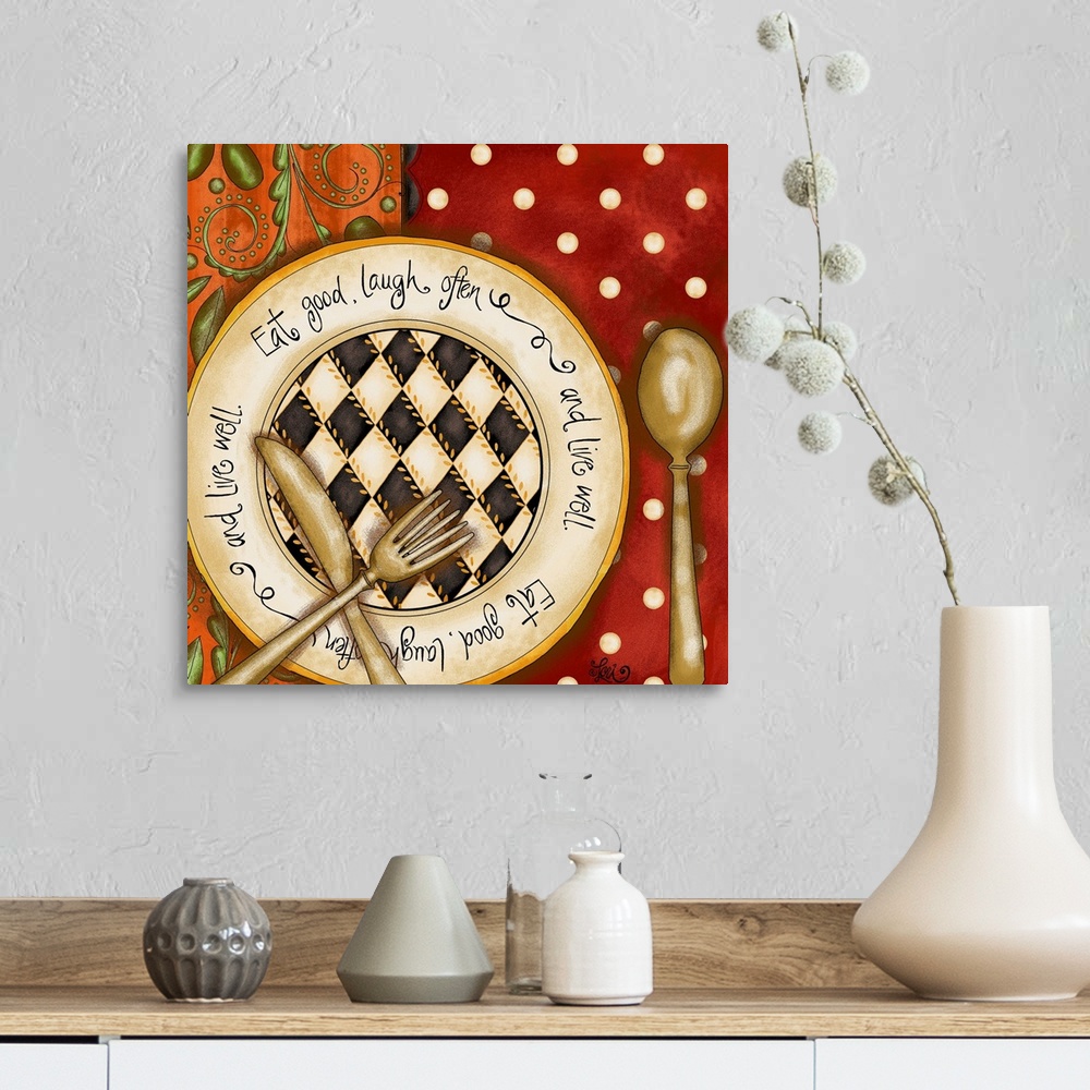 A farmhouse room featuring Kitchen wall art drawing of a plate with silverware with an inspirational saying on the plate aga...