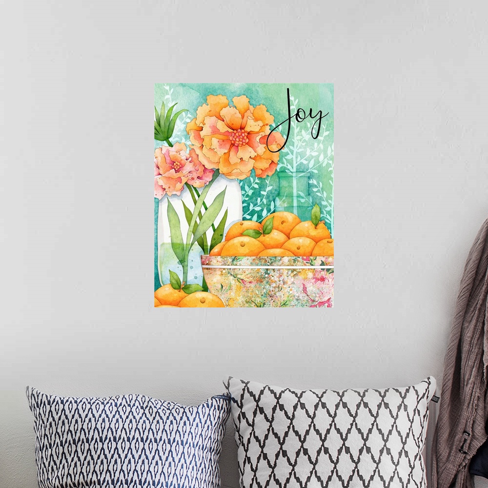 A bohemian room featuring Mason Jar bursts with colorful flowers in this charming vignette.