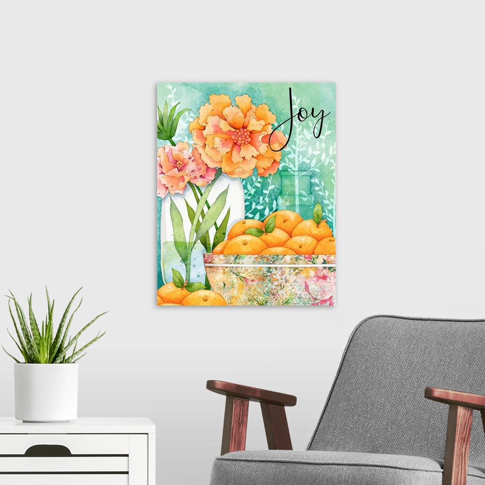 A modern room featuring Mason Jar bursts with colorful flowers in this charming vignette.