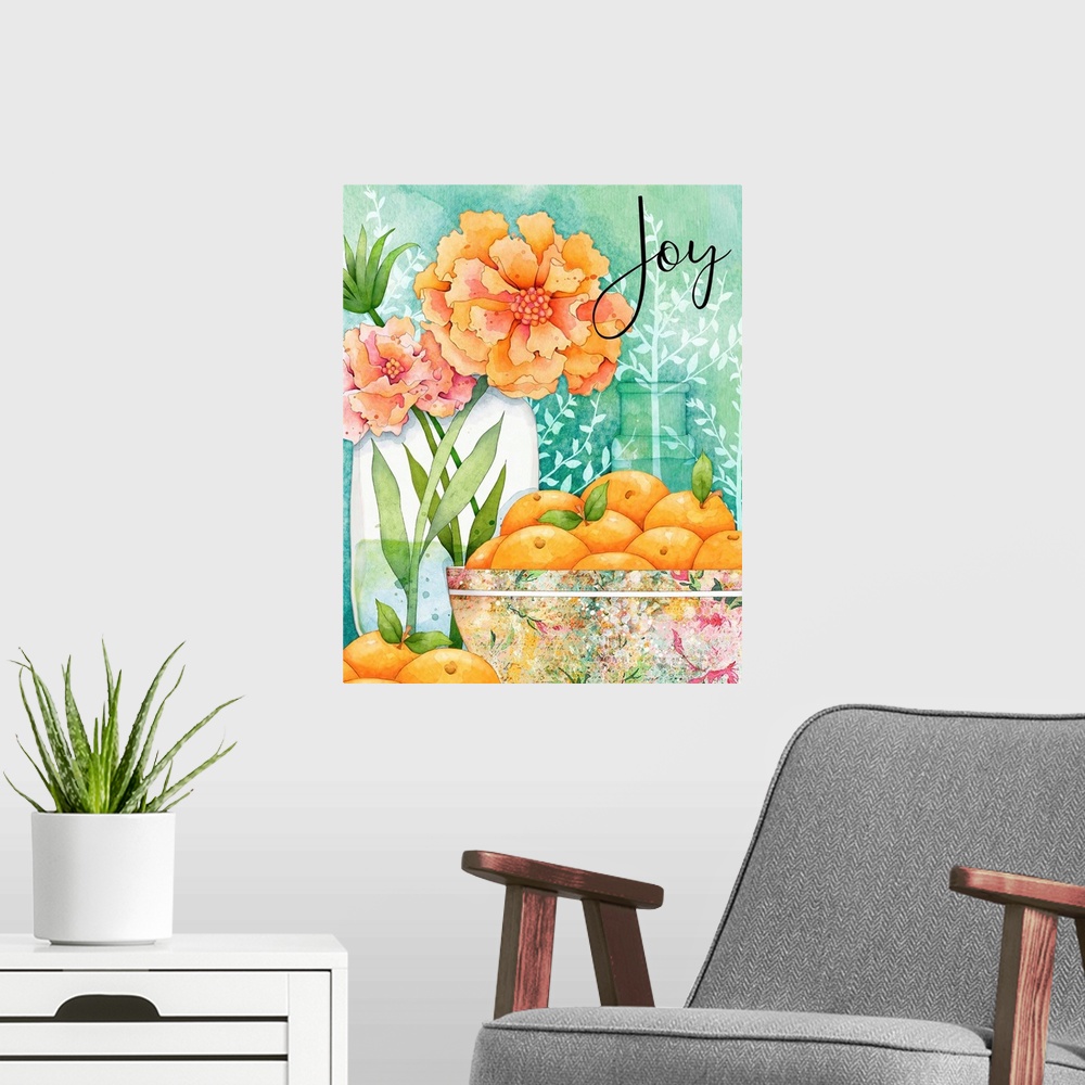 A modern room featuring Mason Jar bursts with colorful flowers in this charming vignette.