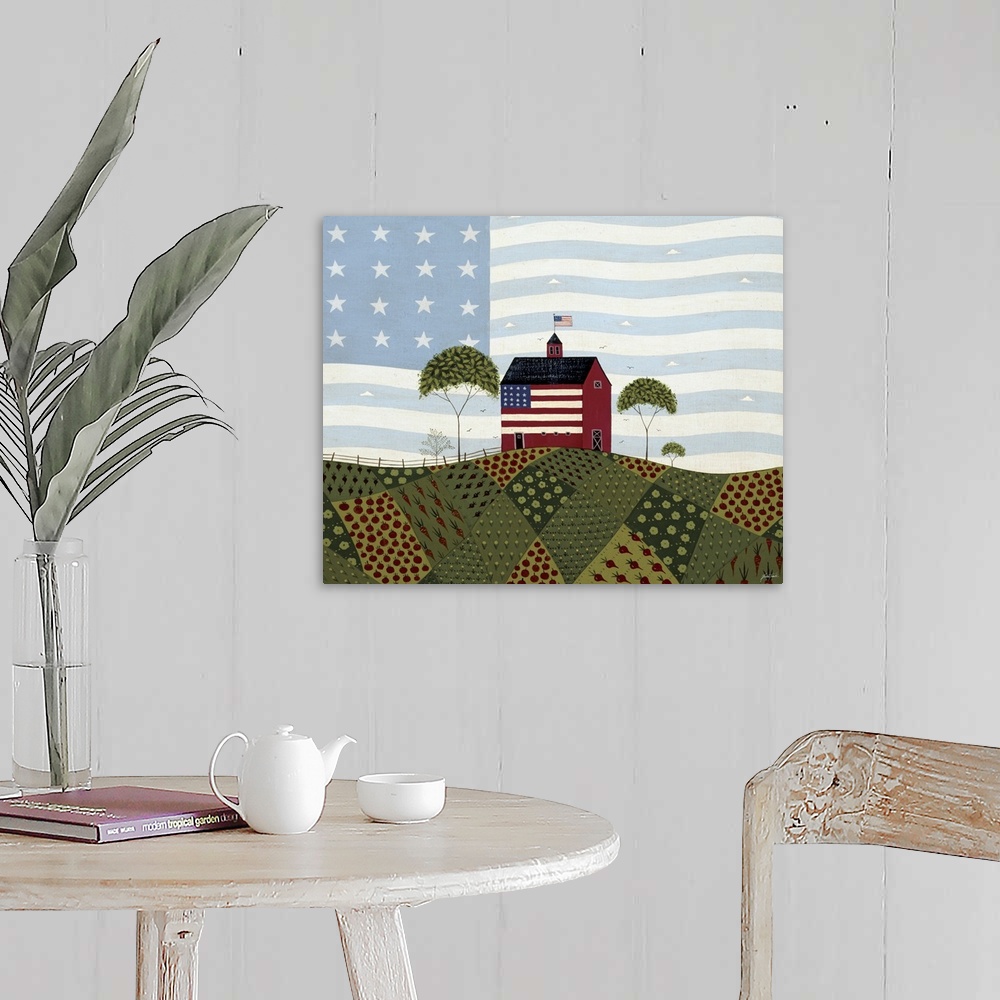 A farmhouse room featuring Horizontal folk art on a large canvas of a red barn on a hill, an American flag at the top and pa...