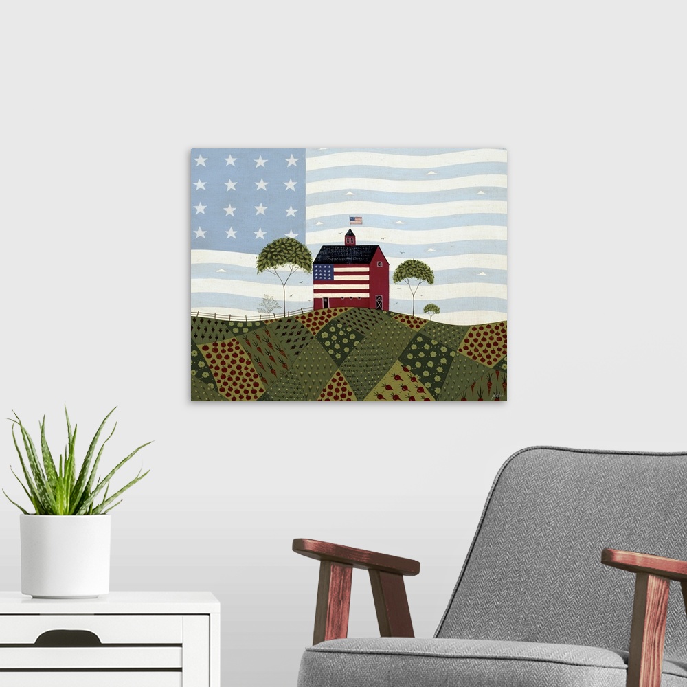 A modern room featuring Horizontal folk art on a large canvas of a red barn on a hill, an American flag at the top and pa...
