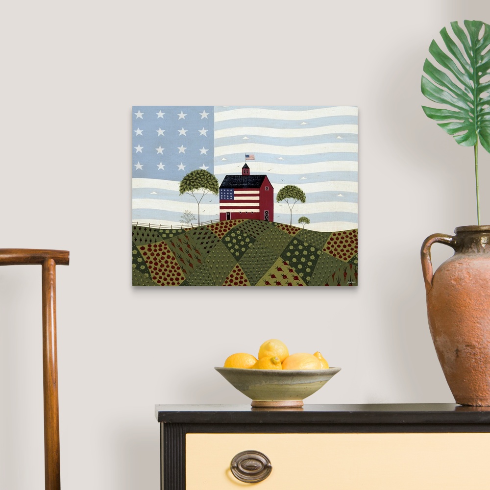 A traditional room featuring Horizontal folk art on a large canvas of a red barn on a hill, an American flag at the top and pa...