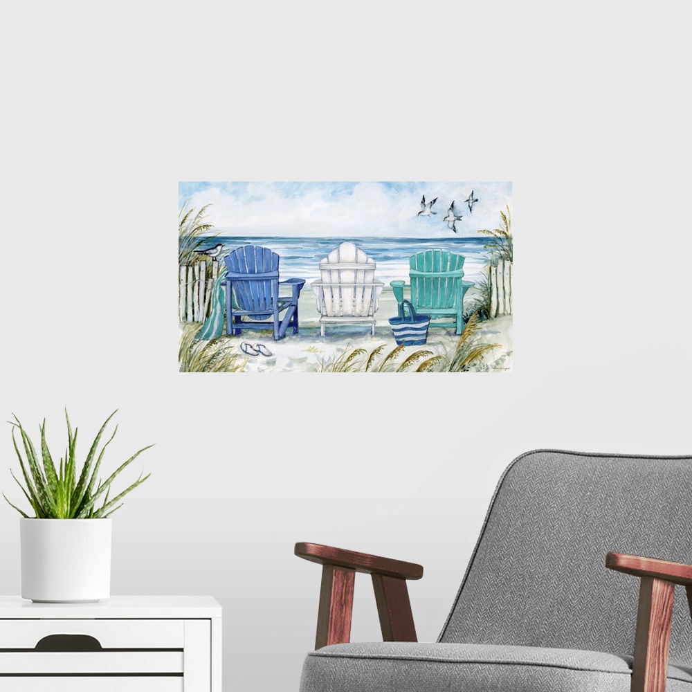 A modern room featuring A charming Adirondack beach chair scene captures the relaxation of the coast.
