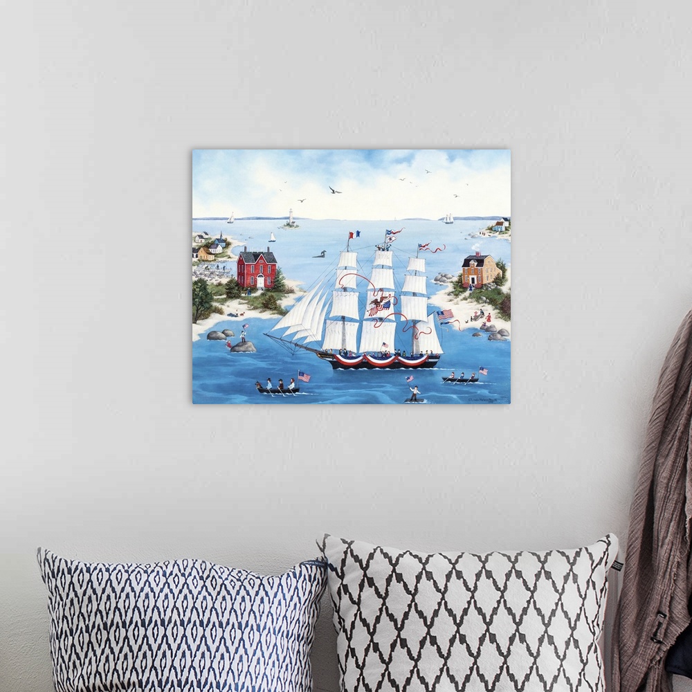 A bohemian room featuring A contemporary painting of a bay side village scene.