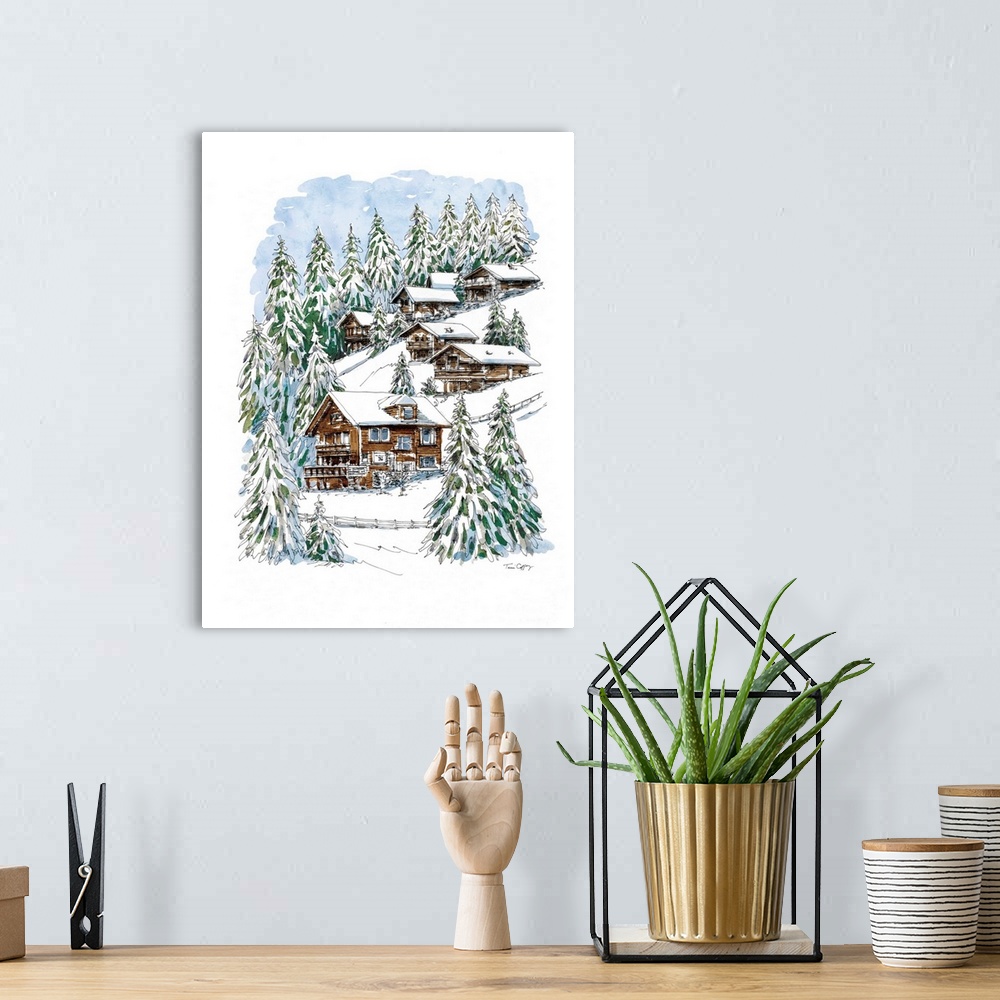 A bohemian room featuring A lovely pen and ink rendering of an Alpine chalet vista