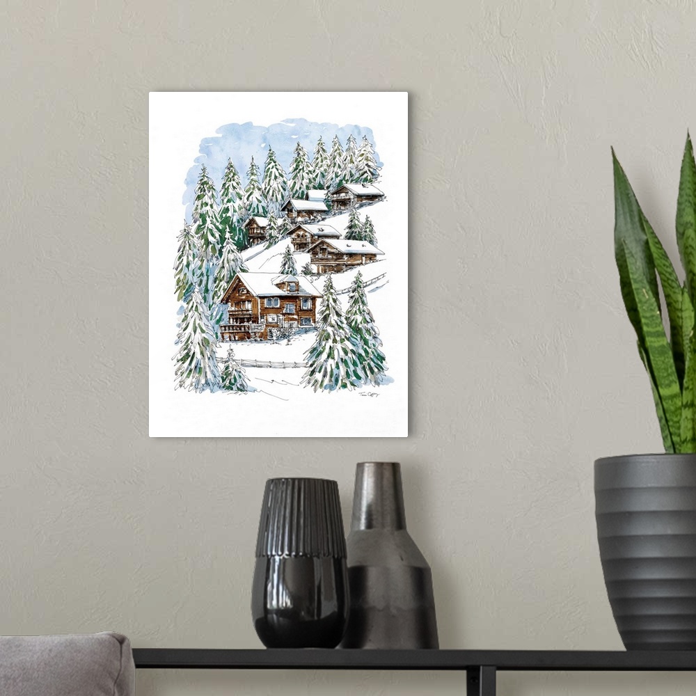 A modern room featuring A lovely pen and ink rendering of an Alpine chalet vista