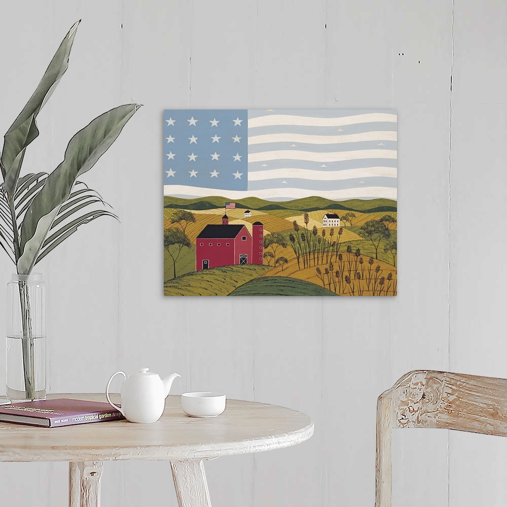 A farmhouse room featuring Painting on canvas of a countryside with an American flag flying on top of a barn as well has in ...