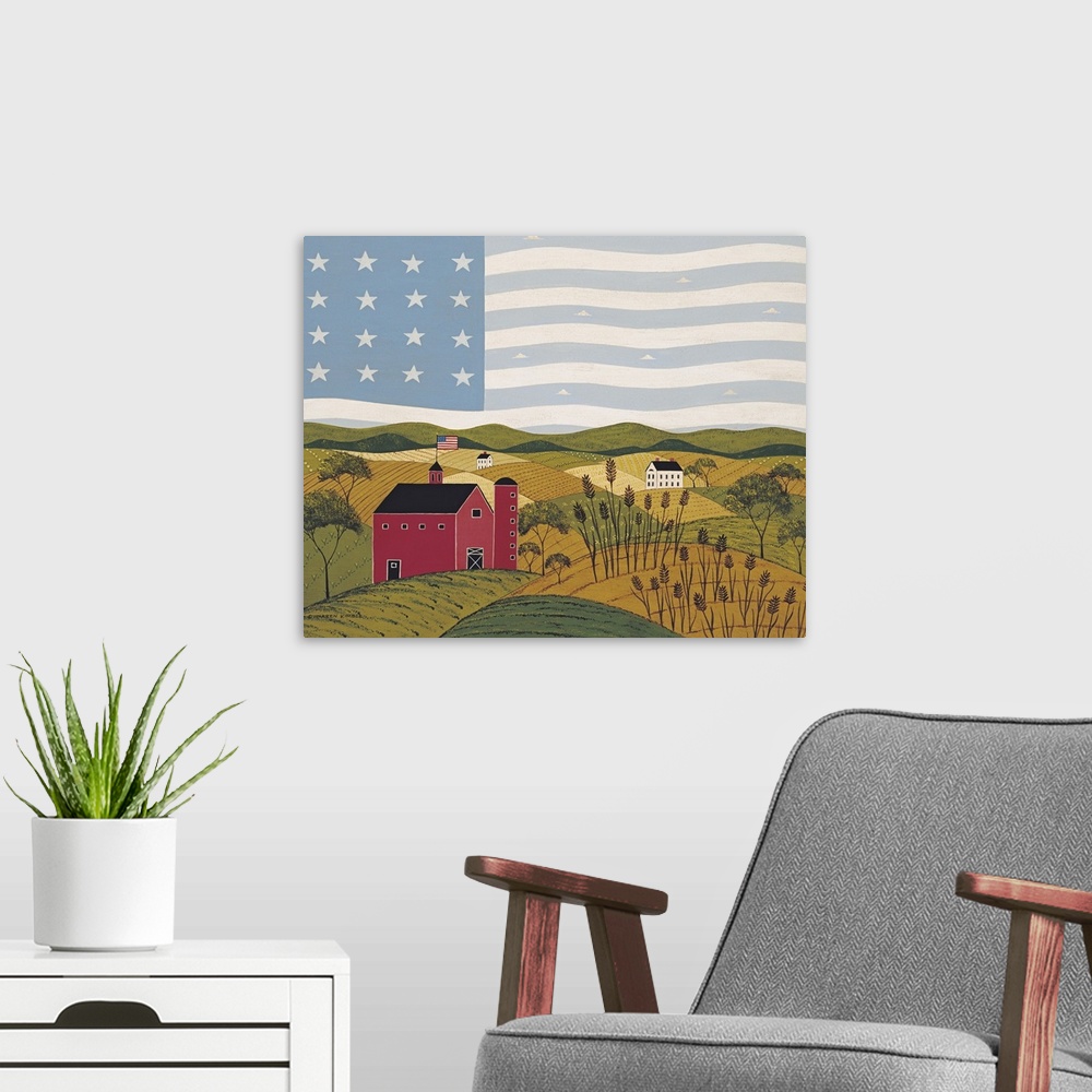 A modern room featuring Painting on canvas of a countryside with an American flag flying on top of a barn as well has in ...