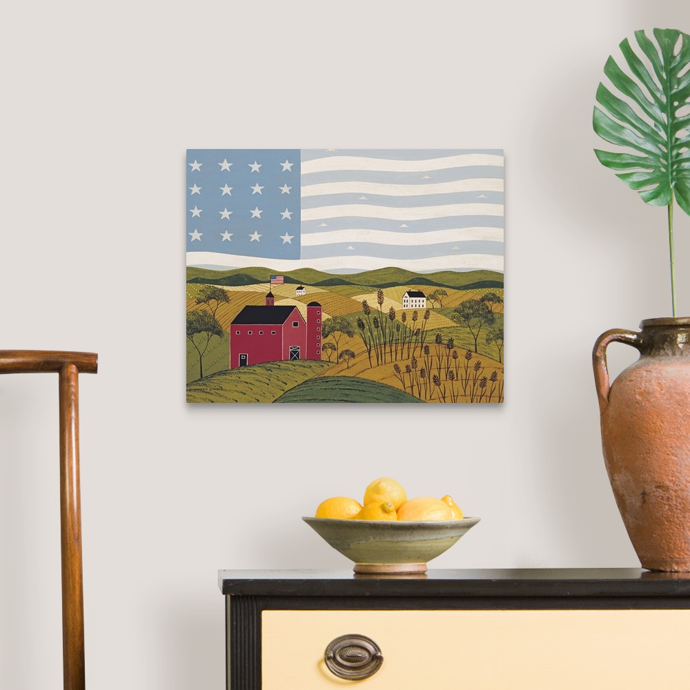 A traditional room featuring Painting on canvas of a countryside with an American flag flying on top of a barn as well has in ...