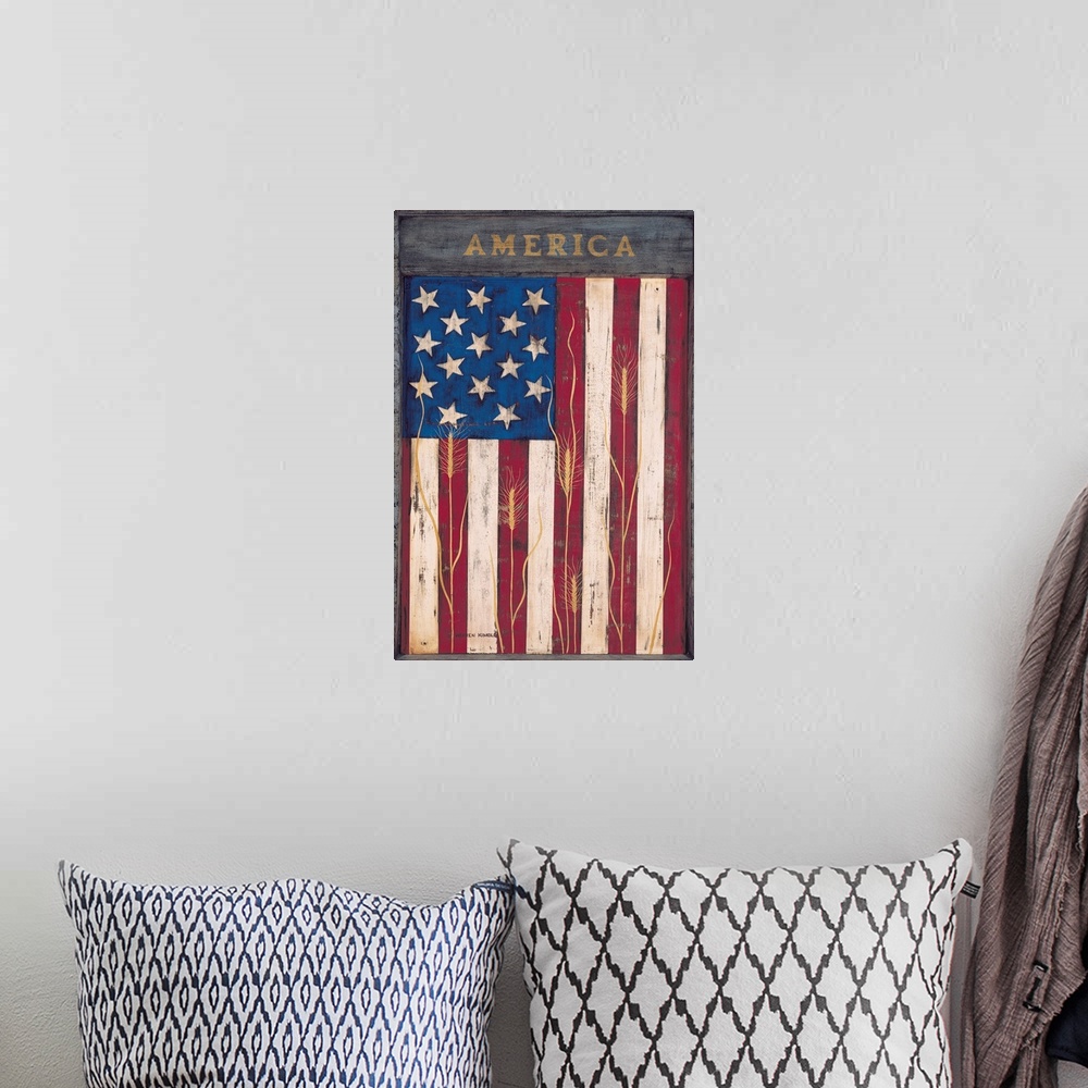 A bohemian room featuring Patriotic Flag painting on canvas.