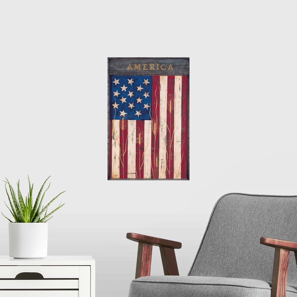 A modern room featuring Patriotic Flag painting on canvas.