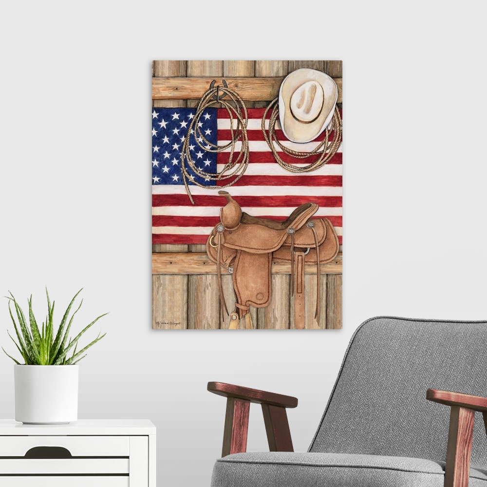 A modern room featuring Capture the American cowboy spirit with this powerful art!