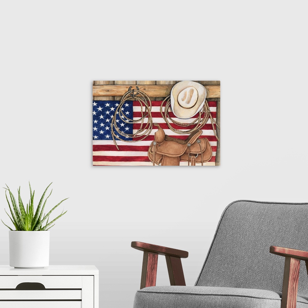 A modern room featuring Capture the American cowboy spirit with this powerful art!