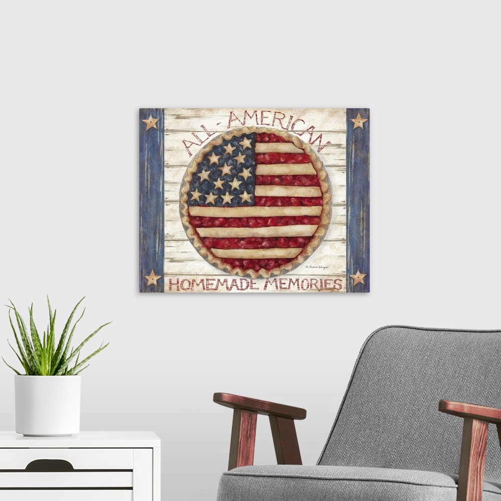 A modern room featuring American as Apple Pie!