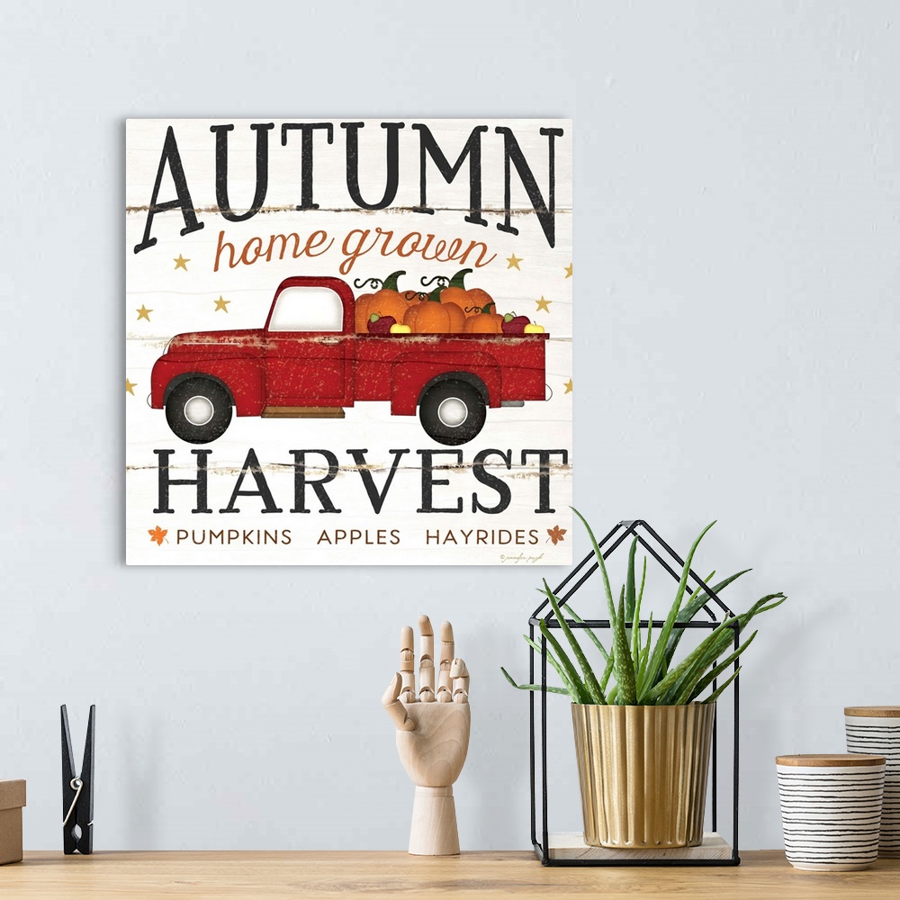 A bohemian room featuring Rustic fall themed decor with the words, "Autumn harvest, home grown, and pumpkins, apples, hayri...