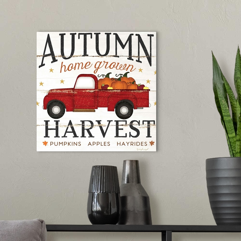A modern room featuring Rustic fall themed decor with the words, "Autumn harvest, home grown, and pumpkins, apples, hayri...