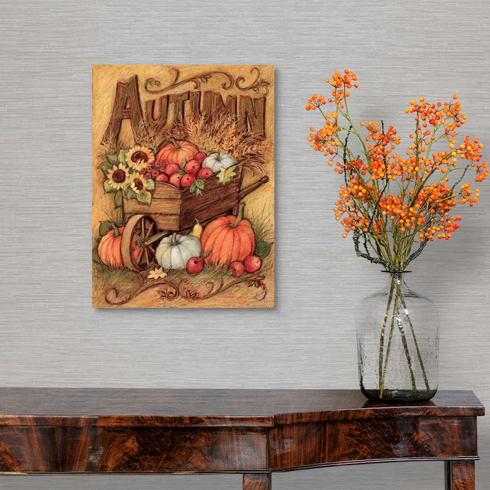 A traditional room featuring An autumn wheelbarrow will add a classic harvest accent to your home.